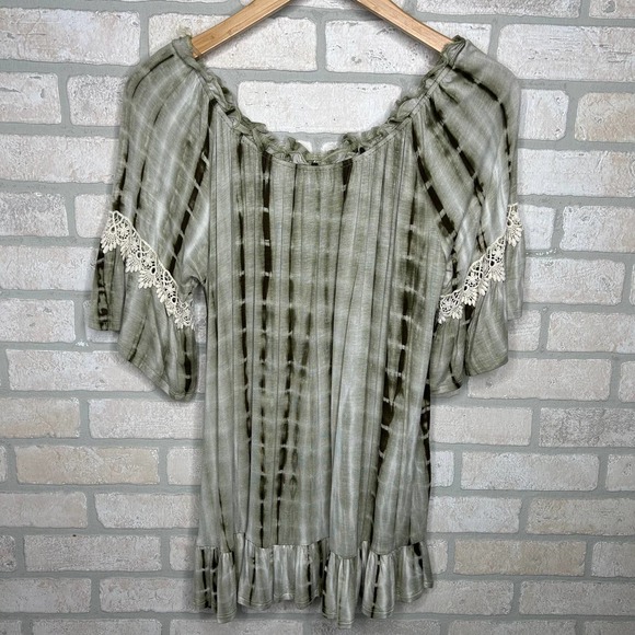 Green and Cream Tie Dye Off the Shoulder Flowy Blouse - Picture 1 of 10